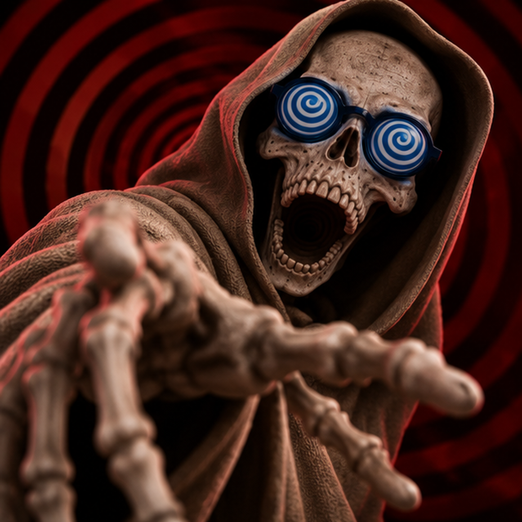 Skeleton Hypnotist reaching toward the viewer