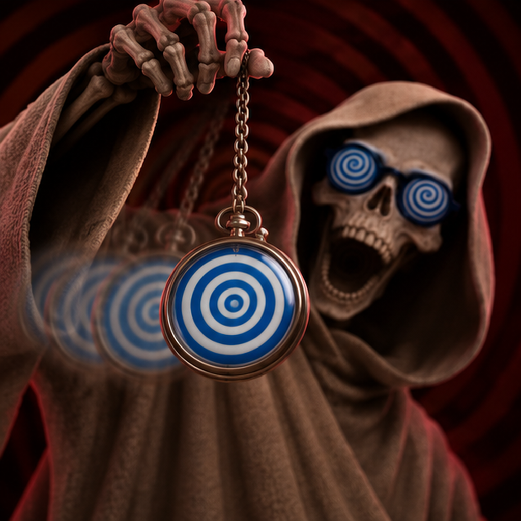 Skeleton Hypnotist with hypnotic pendant